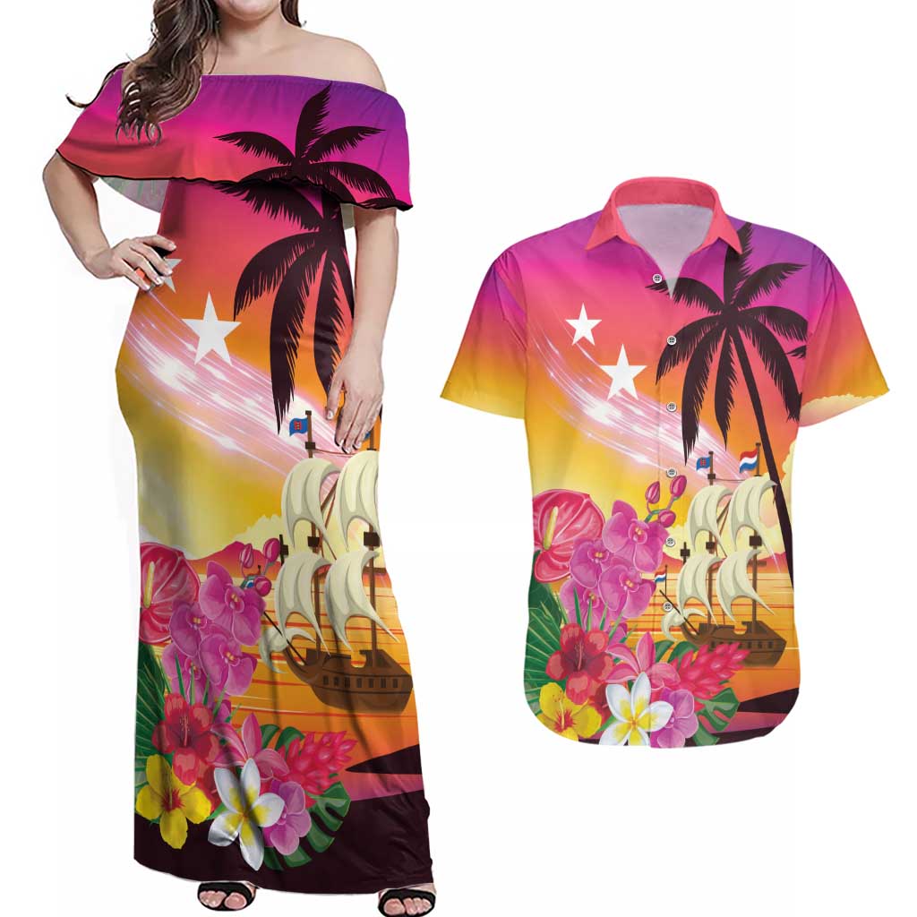 Curacao Football Custom Couples Matching Off Shoulder Maxi Dress and Hawaiian Shirt Come On La Familia Azul
