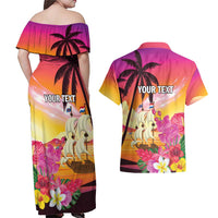 Curacao Football Custom Couples Matching Off Shoulder Maxi Dress and Hawaiian Shirt Come On La Familia Azul