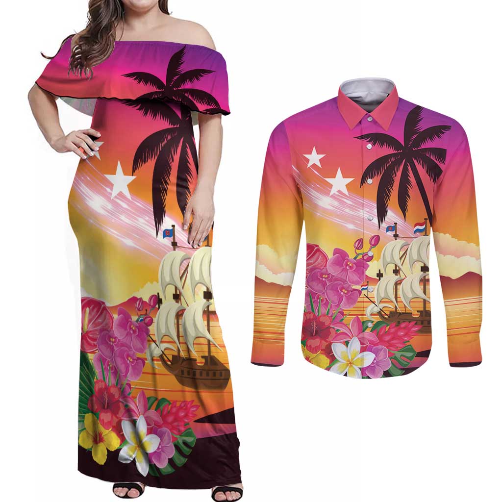 Curacao Football Custom Couples Matching Off Shoulder Maxi Dress and Long Sleeve Button Shirt Come On La Familia Azul