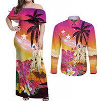 Curacao Football Custom Couples Matching Off Shoulder Maxi Dress and Long Sleeve Button Shirt Come On La Familia Azul