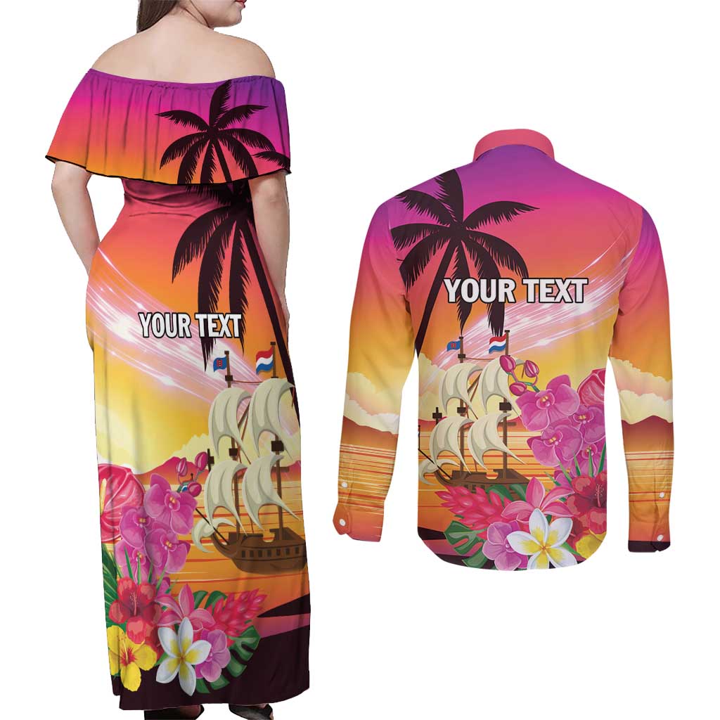 Curacao Football Custom Couples Matching Off Shoulder Maxi Dress and Long Sleeve Button Shirt Come On La Familia Azul