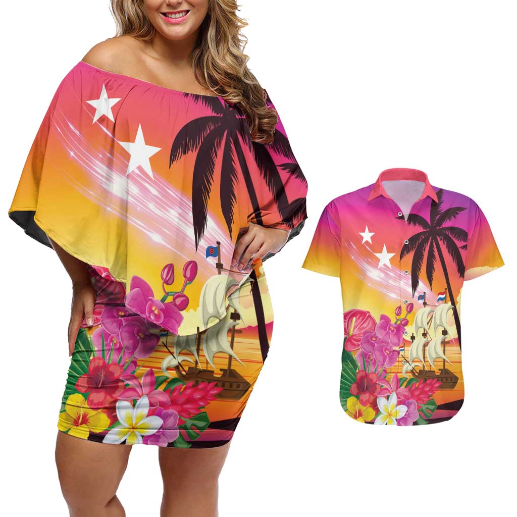 Curacao Football Custom Couples Matching Off Shoulder Short Dress and Hawaiian Shirt Come On La Familia Azul