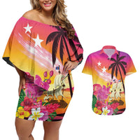 Curacao Football Custom Couples Matching Off Shoulder Short Dress and Hawaiian Shirt Come On La Familia Azul