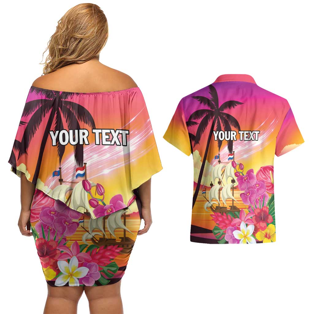 Curacao Football Custom Couples Matching Off Shoulder Short Dress and Hawaiian Shirt Come On La Familia Azul
