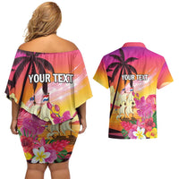 Curacao Football Custom Couples Matching Off Shoulder Short Dress and Hawaiian Shirt Come On La Familia Azul