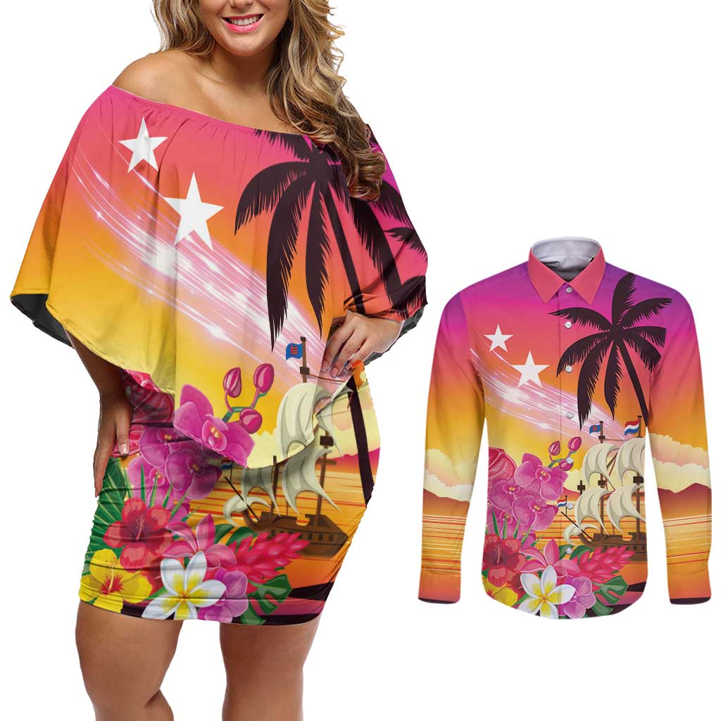 Curacao Football Custom Couples Matching Off Shoulder Short Dress and Long Sleeve Button Shirt Come On La Familia Azul