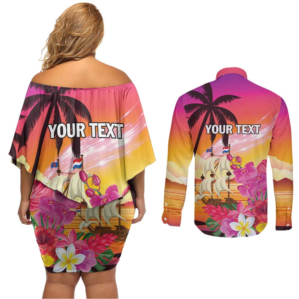 Curacao Football Custom Couples Matching Off Shoulder Short Dress and Long Sleeve Button Shirt Come On La Familia Azul
