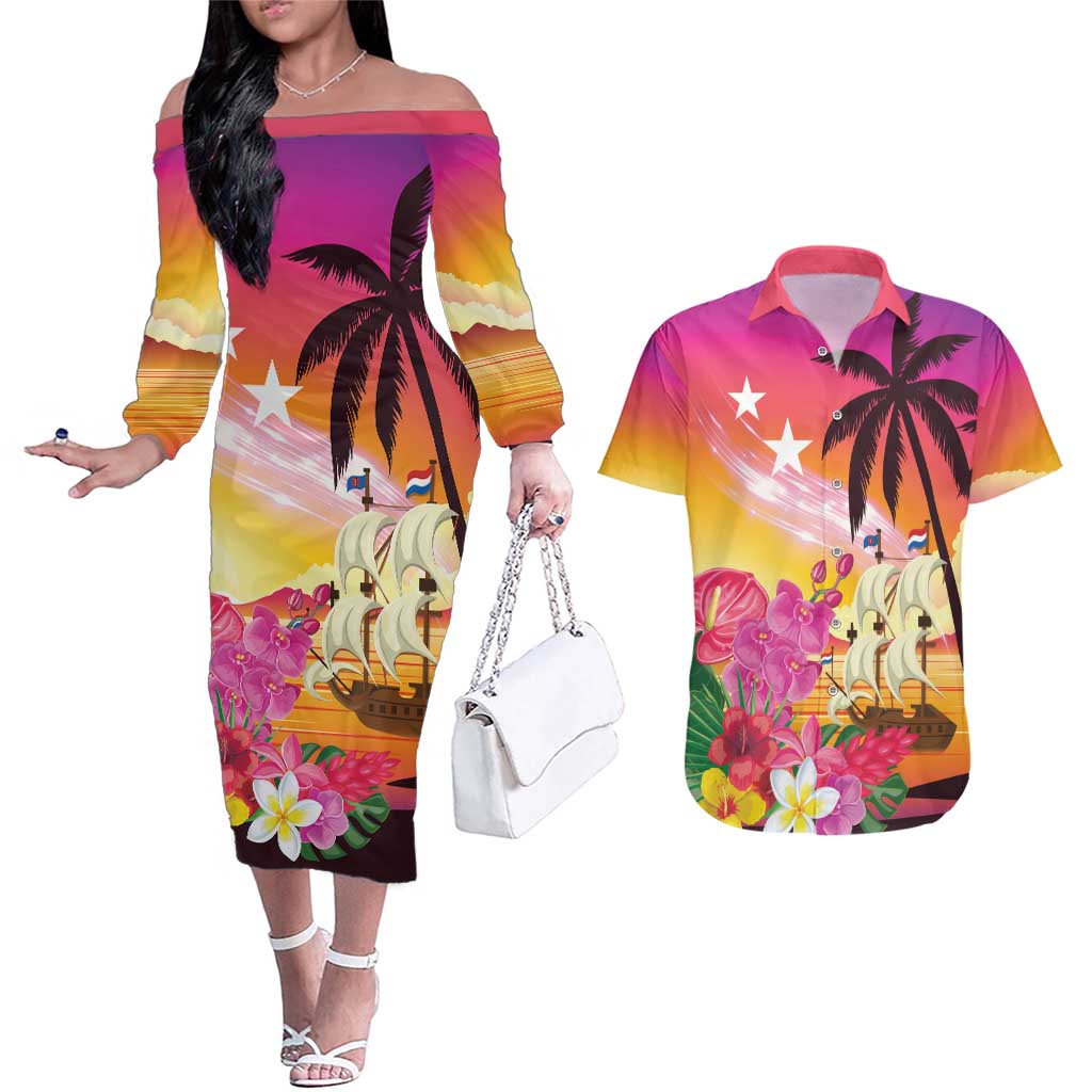 Curacao Football Custom Couples Matching Off The Shoulder Long Sleeve Dress and Hawaiian Shirt Come On La Familia Azul