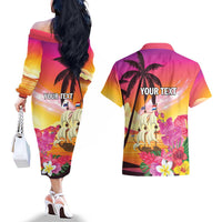 Curacao Football Custom Couples Matching Off The Shoulder Long Sleeve Dress and Hawaiian Shirt Come On La Familia Azul