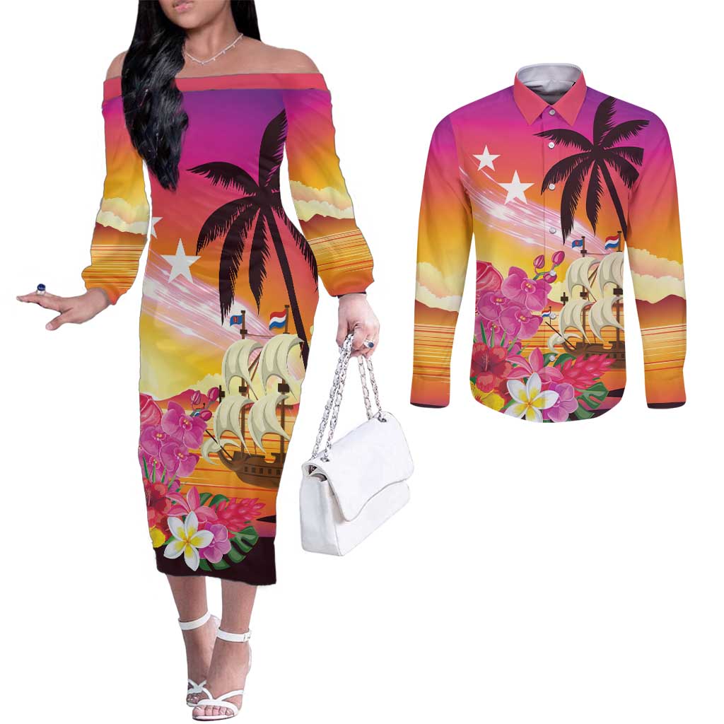 Curacao Football Custom Couples Matching Off The Shoulder Long Sleeve Dress and Long Sleeve Button Shirt Come On La Familia Azul