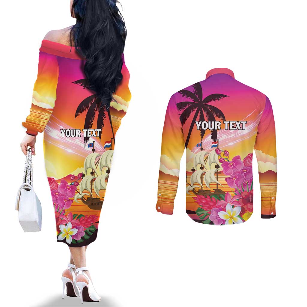 Curacao Football Custom Couples Matching Off The Shoulder Long Sleeve Dress and Long Sleeve Button Shirt Come On La Familia Azul