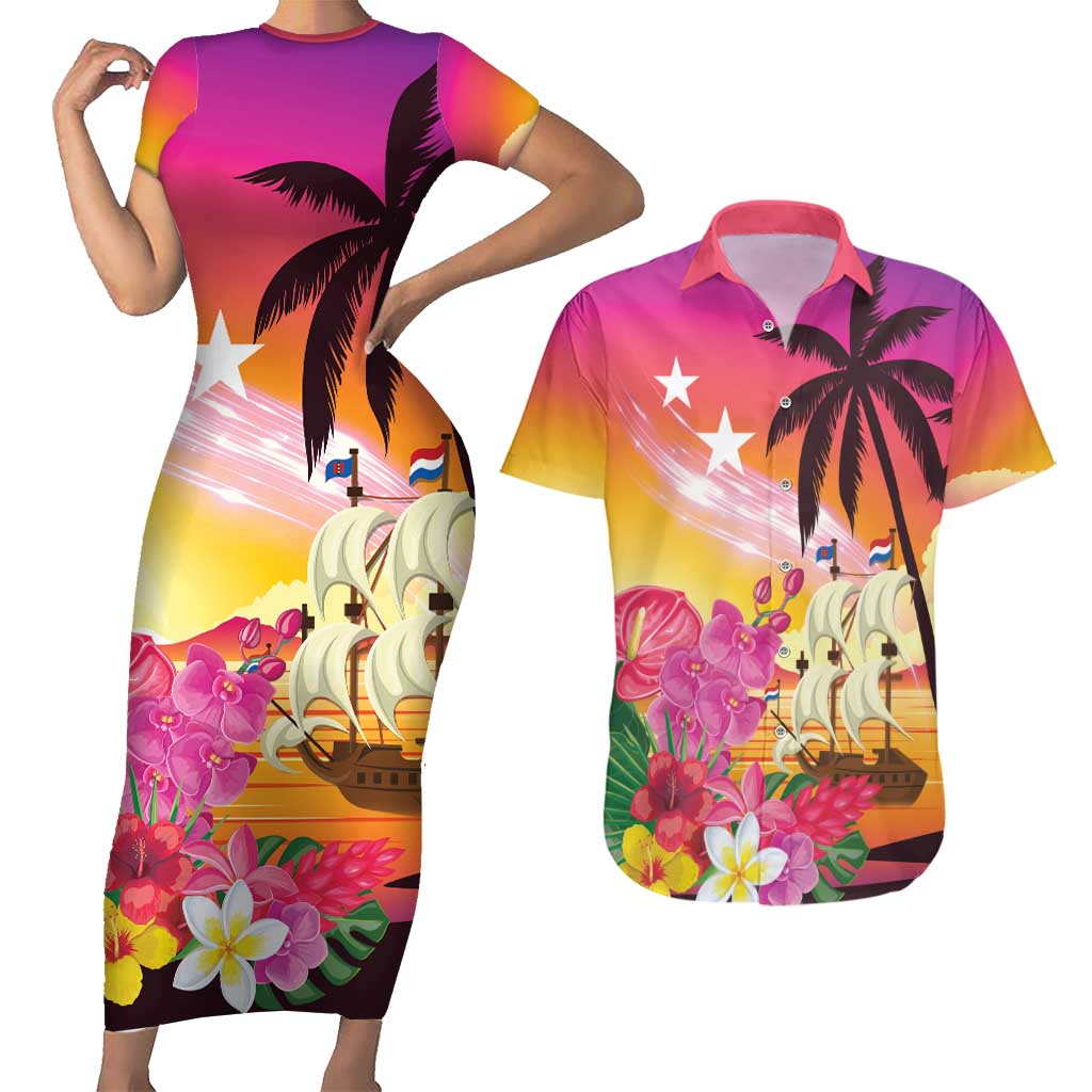 Curacao Football Custom Couples Matching Short Sleeve Bodycon Dress and Hawaiian Shirt Come On La Familia Azul