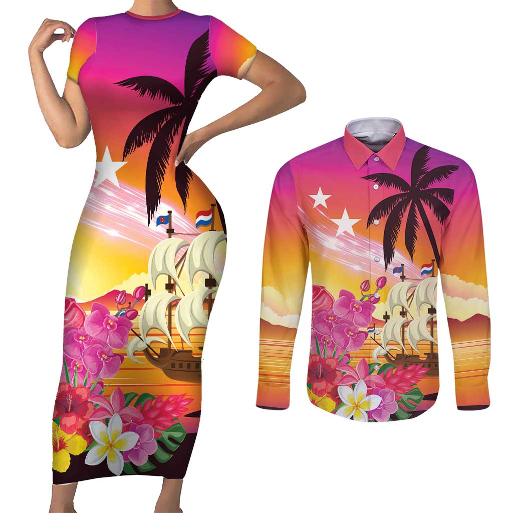 Curacao Football Custom Couples Matching Short Sleeve Bodycon Dress and Long Sleeve Button Shirt Come On La Familia Azul
