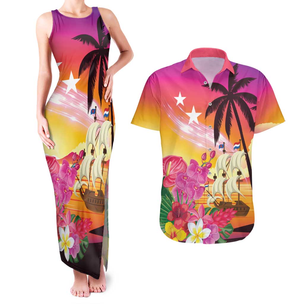 Curacao Football Custom Couples Matching Tank Maxi Dress and Hawaiian Shirt Come On La Familia Azul