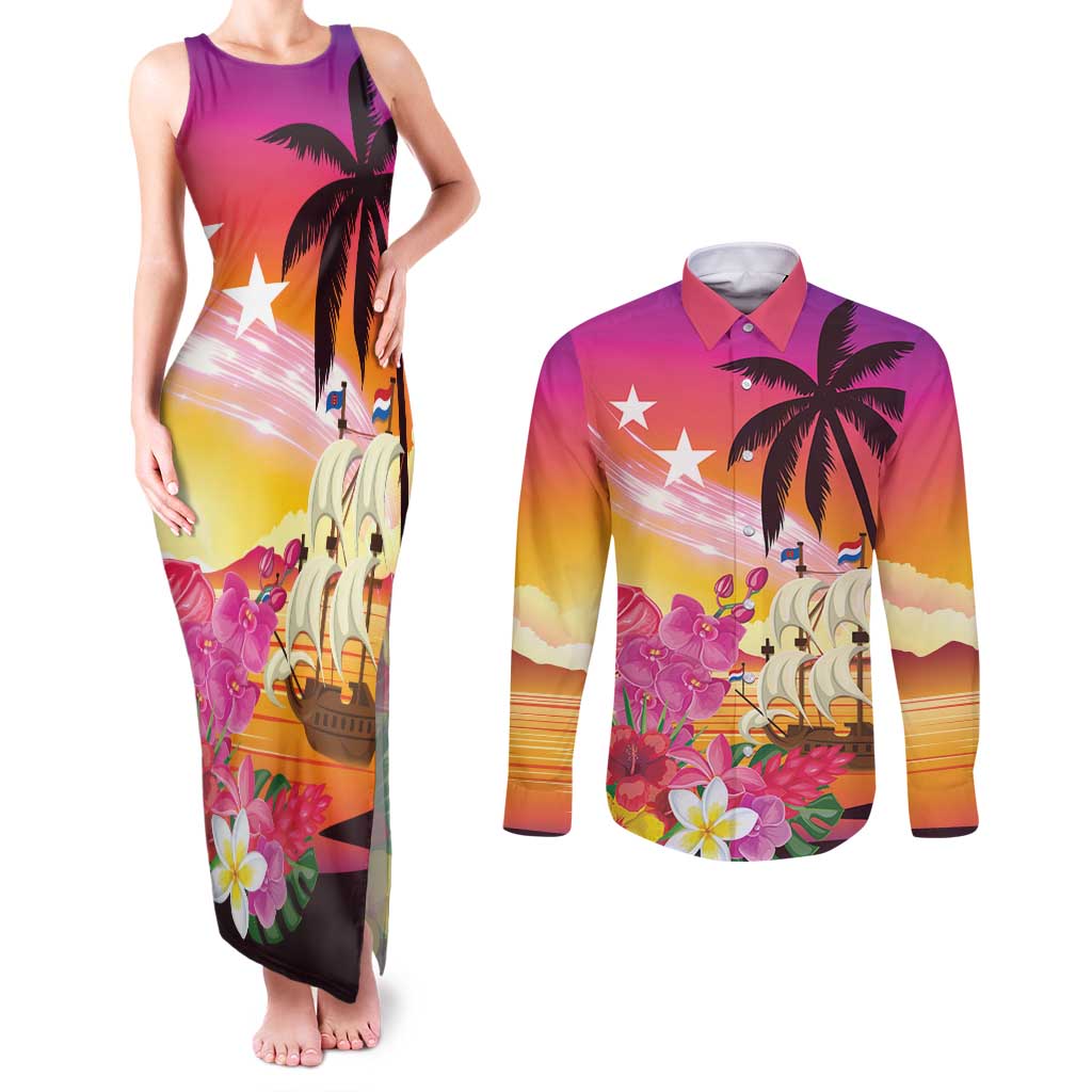 Curacao Football Custom Couples Matching Tank Maxi Dress and Long Sleeve Button Shirt Come On La Familia Azul