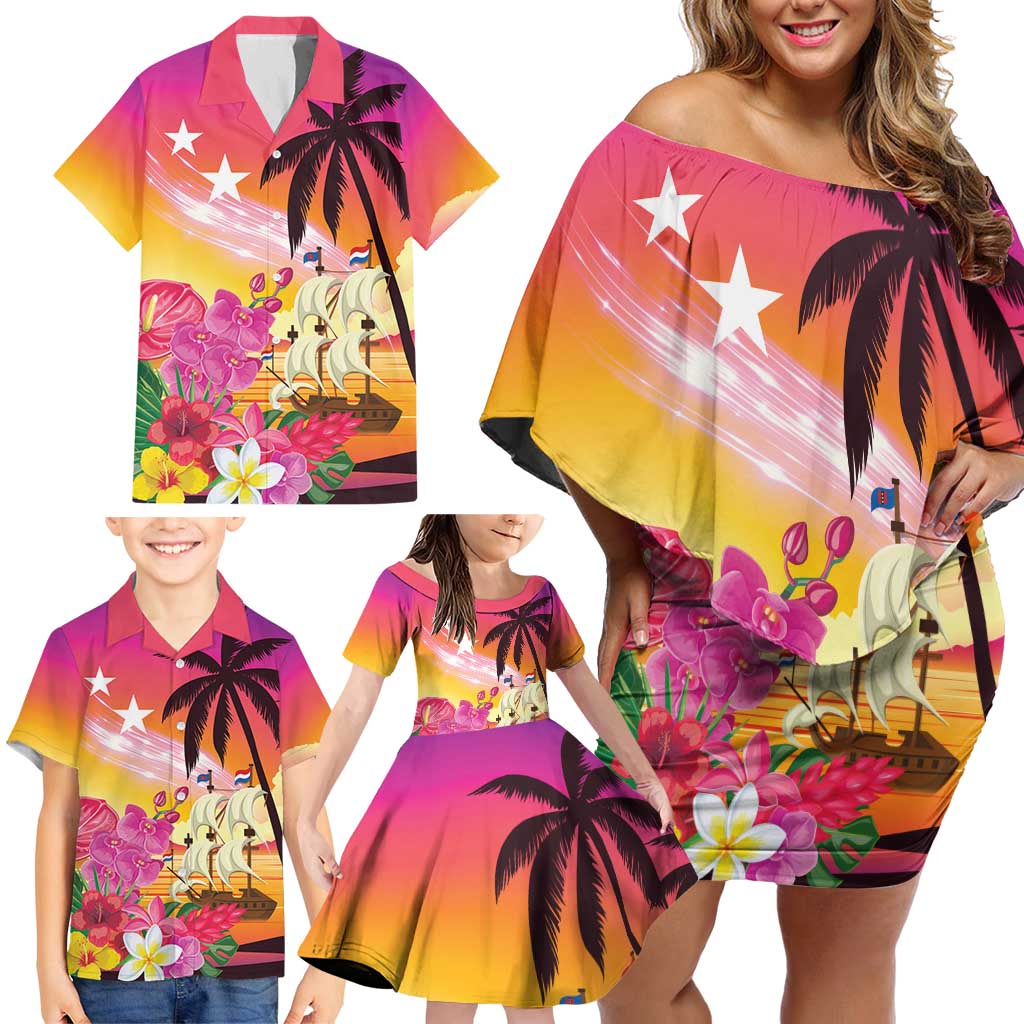 Curacao Football Custom Family Matching Off Shoulder Short Dress and Hawaiian Shirt Come On La Familia Azul