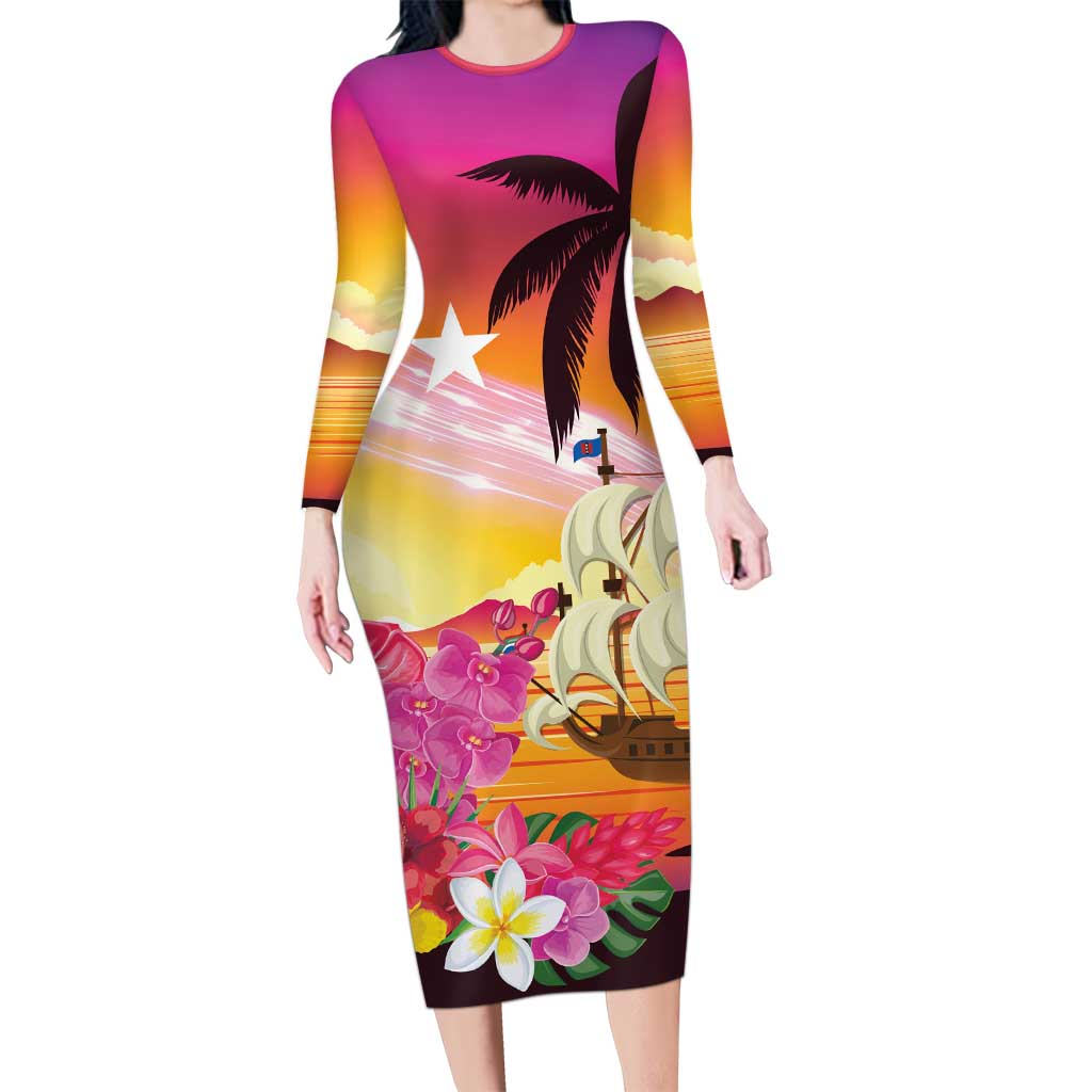 Curacao Football Custom Long Sleeve Bodycon Dress Come On La Familia Azul