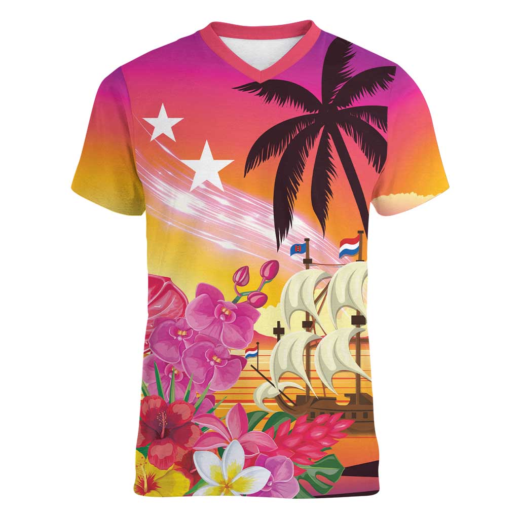 Curacao Football Custom Women V-Neck T-Shirt Come On La Familia Azul