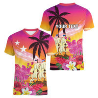 Curacao Football Custom Women V-Neck T-Shirt Come On La Familia Azul