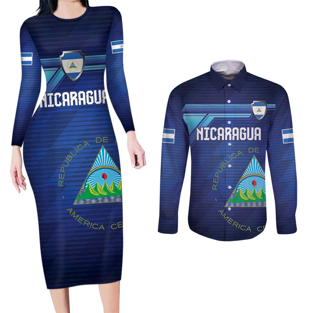 Nicaragua Football Custom Couples Matching Long Sleeve Bodycon Dress and Long Sleeve Button Shirt Come On Los Pinoleros