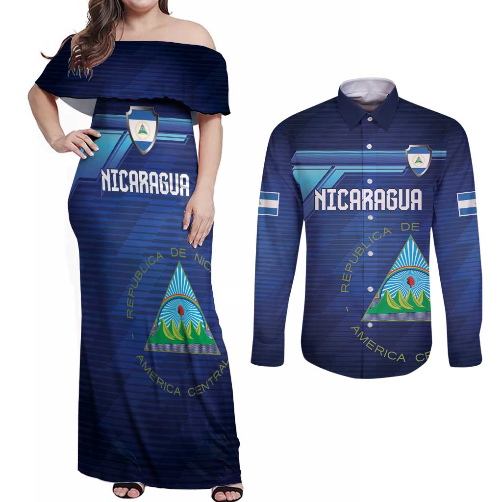 Nicaragua Football Custom Couples Matching Off Shoulder Maxi Dress and Long Sleeve Button Shirt Come On Los Pinoleros