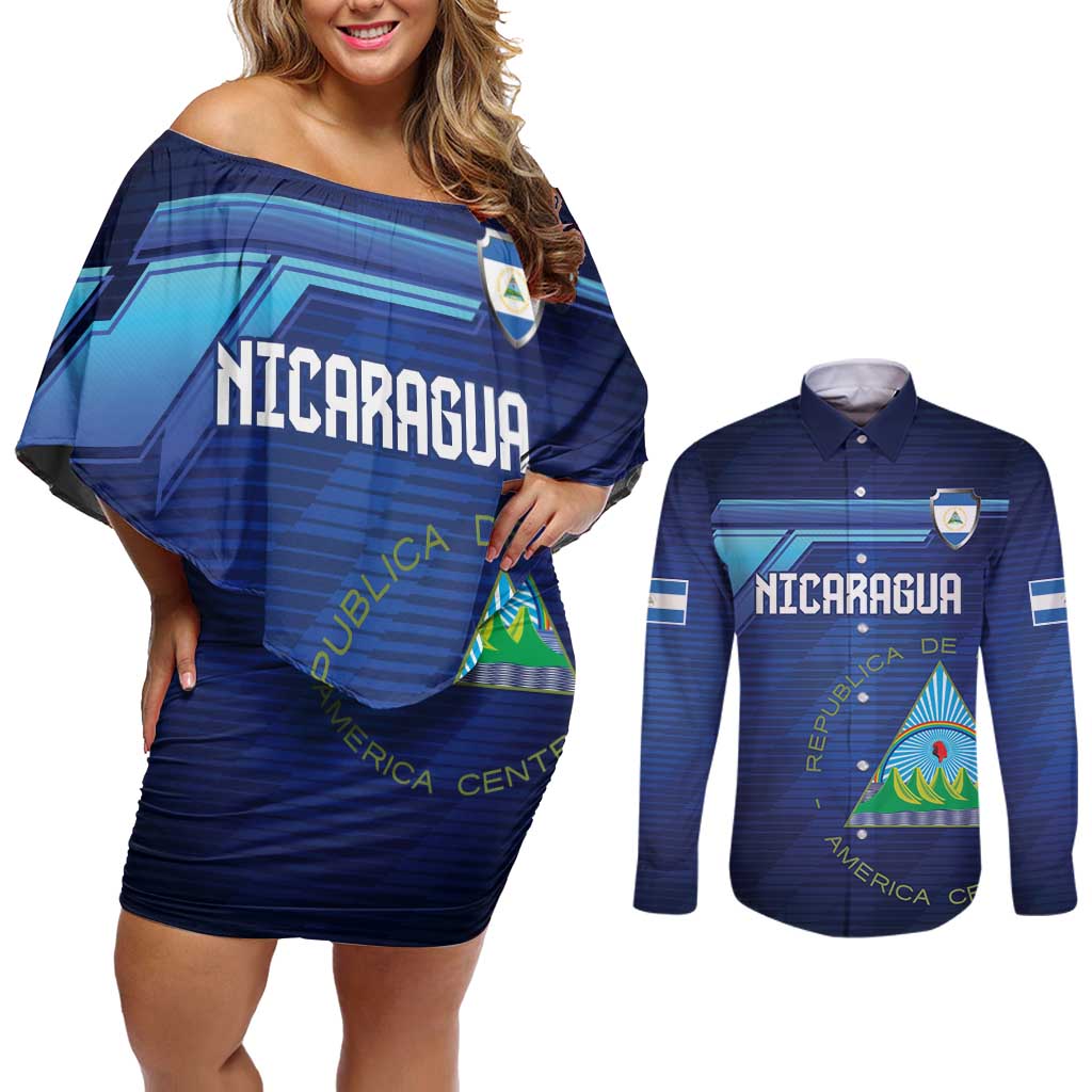Nicaragua Football Custom Couples Matching Off Shoulder Short Dress and Long Sleeve Button Shirt Come On Los Pinoleros