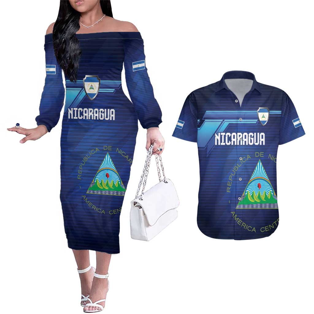 Nicaragua Football Custom Couples Matching Off The Shoulder Long Sleeve Dress and Hawaiian Shirt Come On Los Pinoleros
