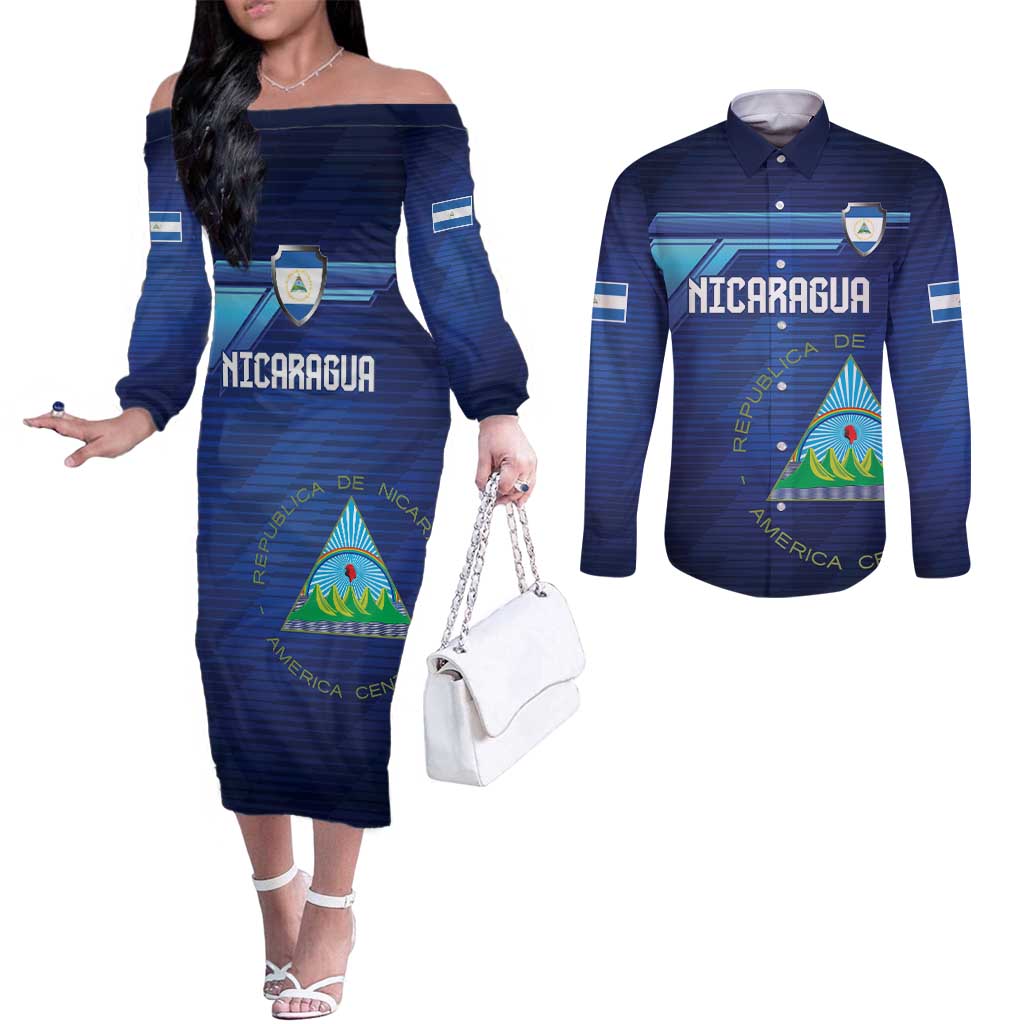 Nicaragua Football Custom Couples Matching Off The Shoulder Long Sleeve Dress and Long Sleeve Button Shirt Come On Los Pinoleros