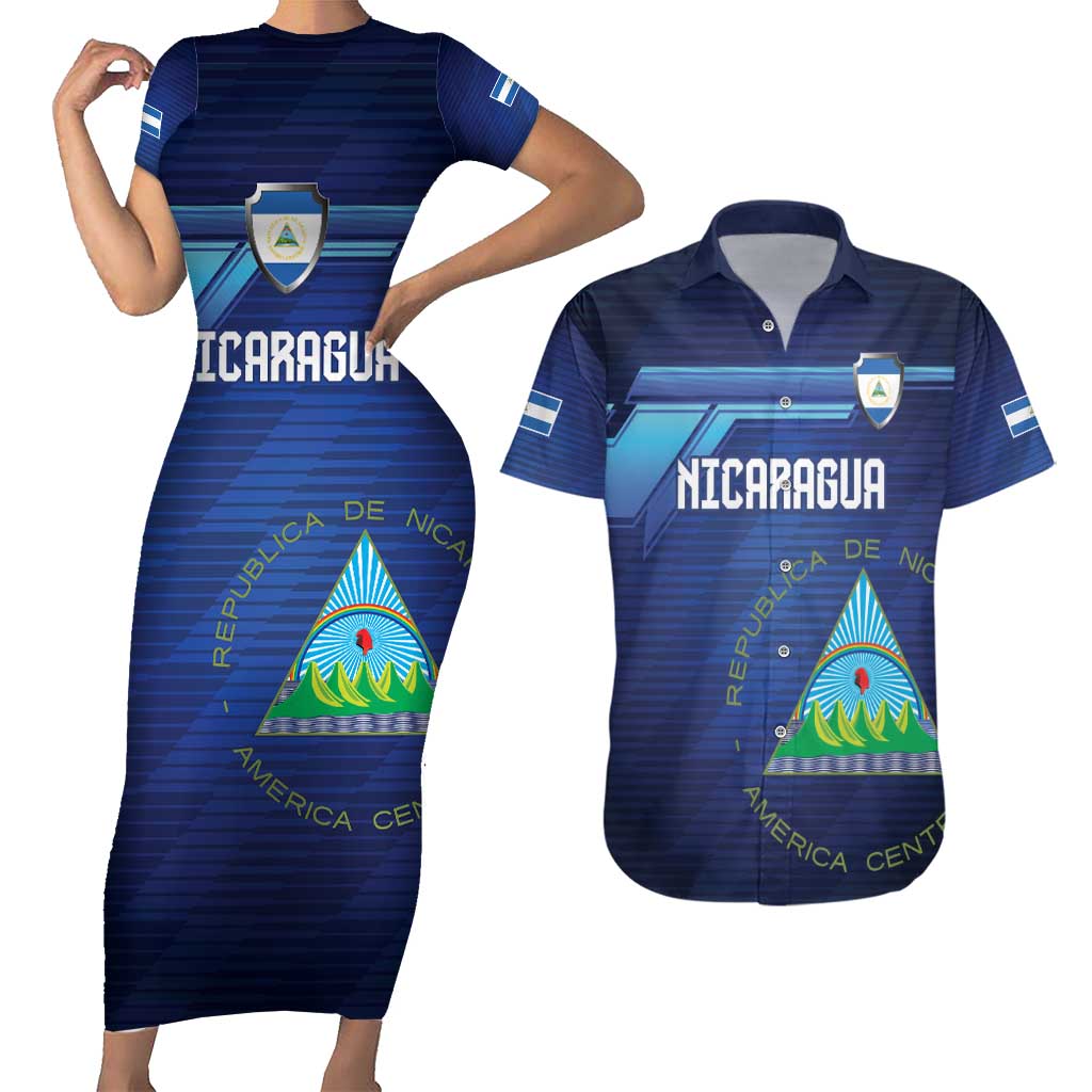 Nicaragua Football Custom Couples Matching Short Sleeve Bodycon Dress and Hawaiian Shirt Come On Los Pinoleros