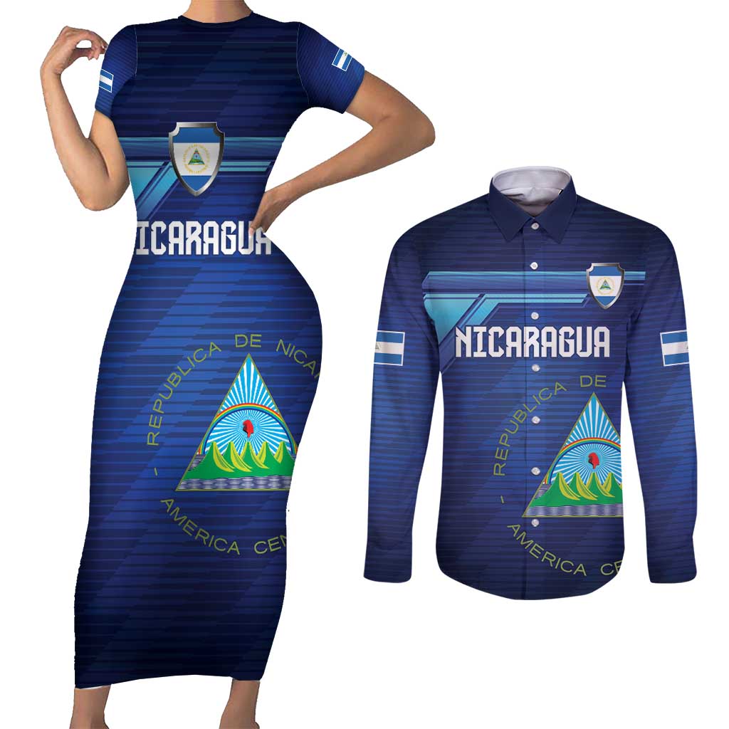 Nicaragua Football Custom Couples Matching Short Sleeve Bodycon Dress and Long Sleeve Button Shirt Come On Los Pinoleros