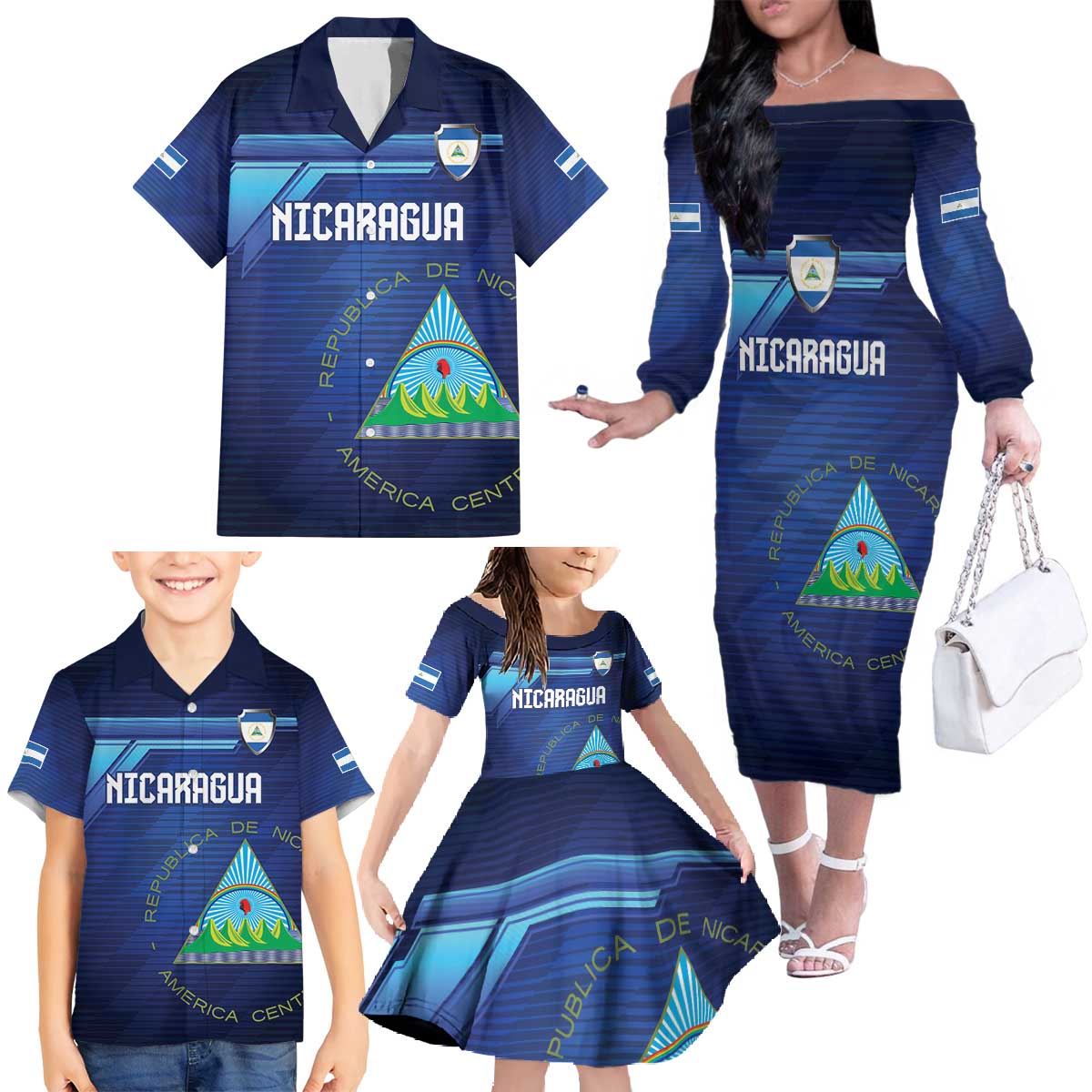 Nicaragua Football Custom Family Matching Off The Shoulder Long Sleeve Dress and Hawaiian Shirt Come On Los Pinoleros