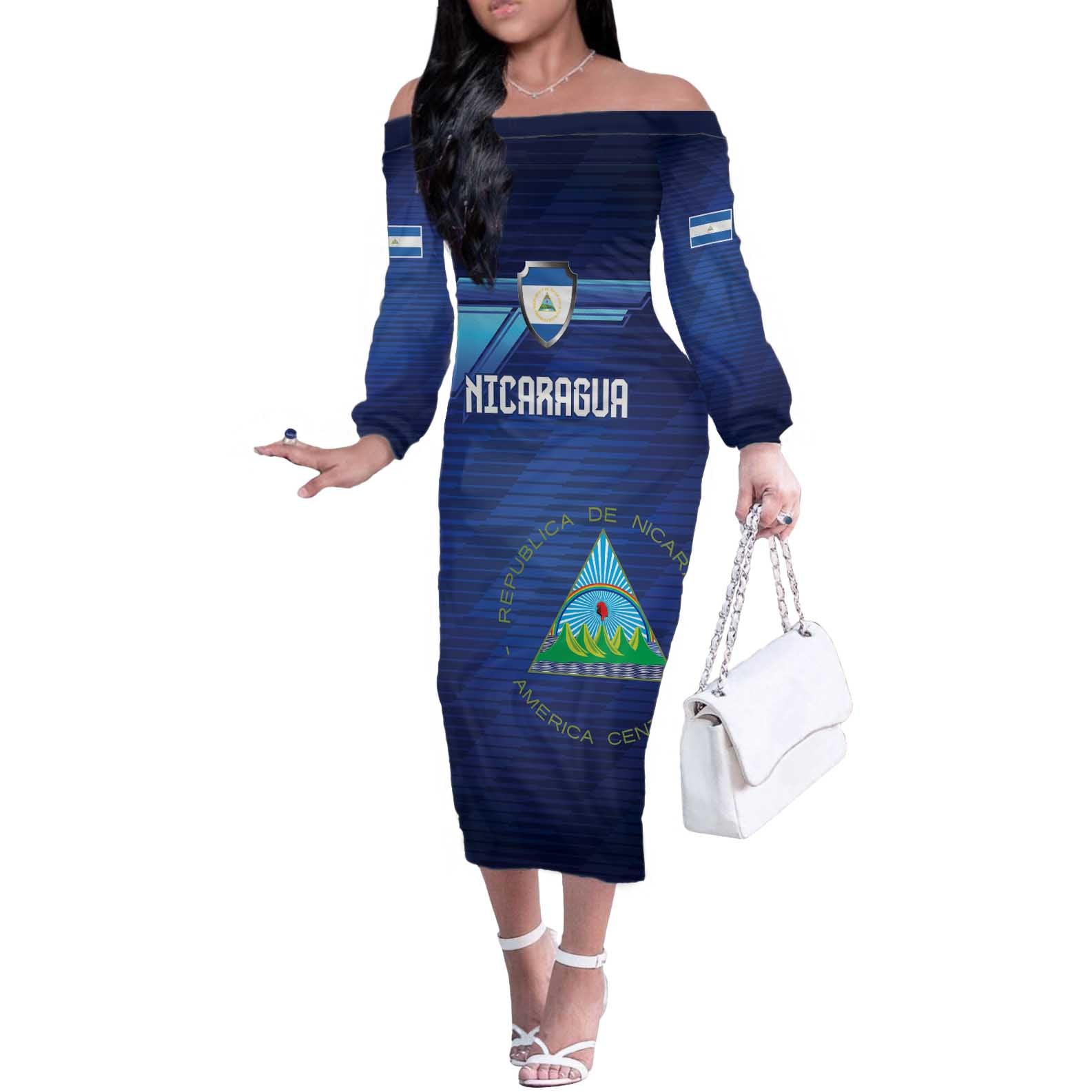 Nicaragua Football Custom Off The Shoulder Long Sleeve Dress Come On Los Pinoleros