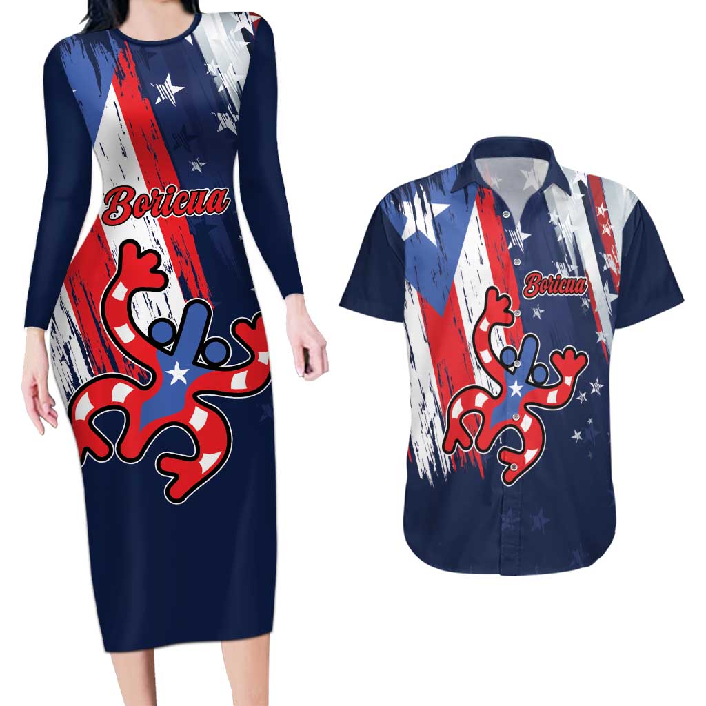 Personalized Puerto Rico American Couples Matching Long Sleeve Bodycon Dress and Hawaiian Shirt Boricua Taino Frog