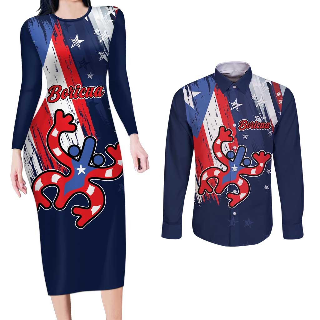 Personalized Puerto Rico American Couples Matching Long Sleeve Bodycon Dress and Long Sleeve Button Shirt Boricua Taino Frog