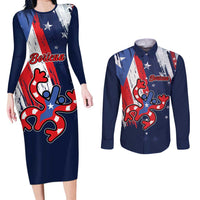 Personalized Puerto Rico American Couples Matching Long Sleeve Bodycon Dress and Long Sleeve Button Shirt Boricua Taino Frog