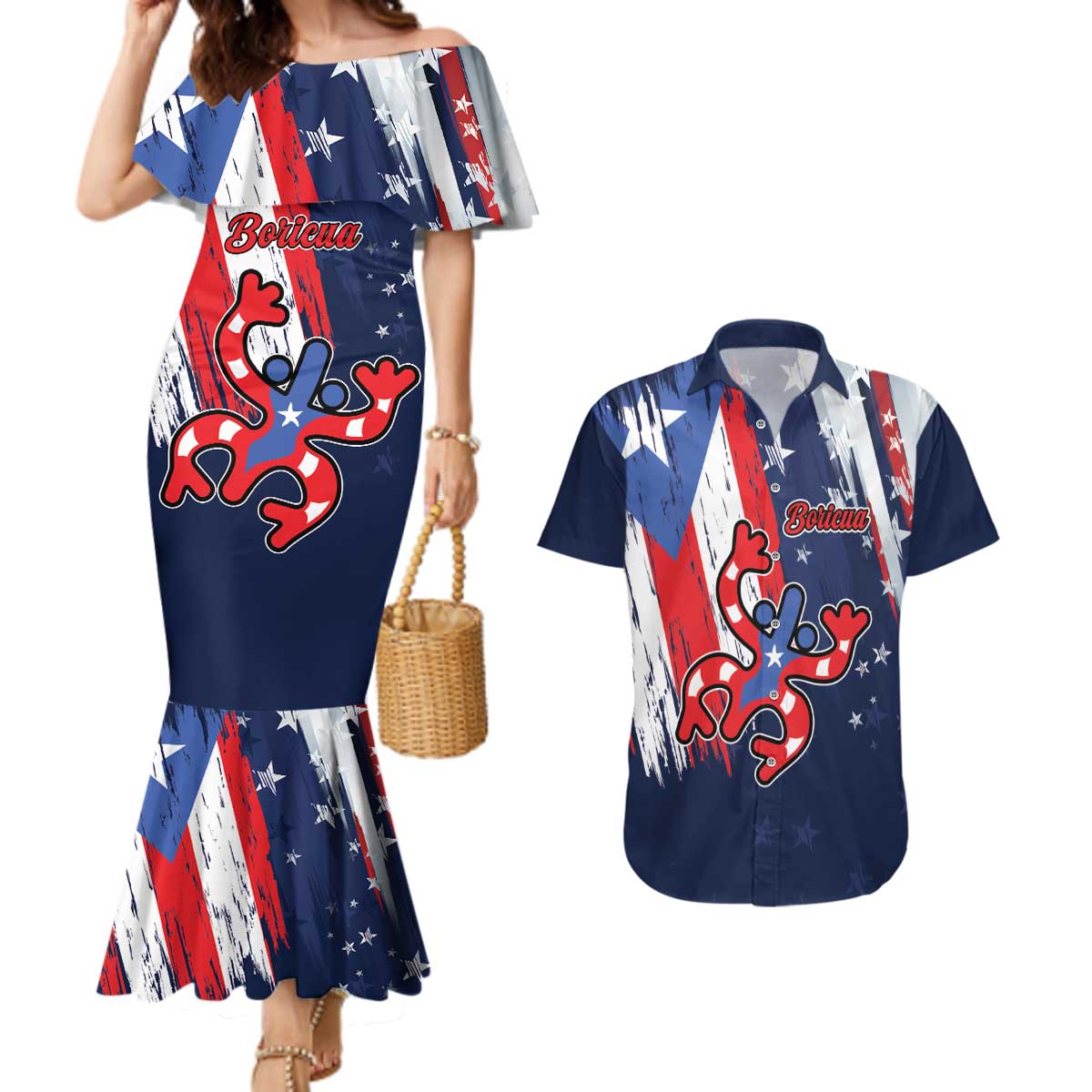 Personalized Puerto Rico American Couples Matching Mermaid Dress and Hawaiian Shirt Boricua Taino Frog
