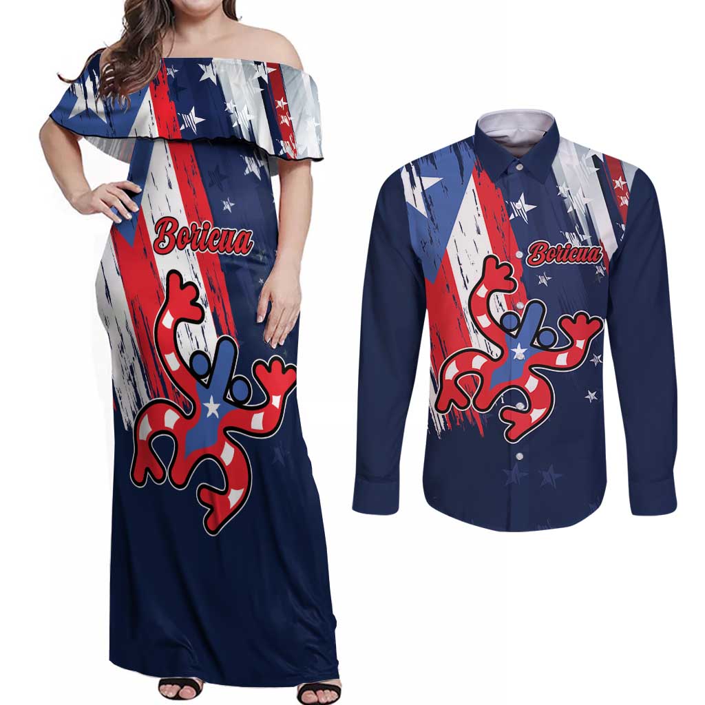 Personalized Puerto Rico American Couples Matching Off Shoulder Maxi Dress and Long Sleeve Button Shirt Boricua Taino Frog