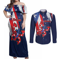 Personalized Puerto Rico American Couples Matching Off Shoulder Maxi Dress and Long Sleeve Button Shirt Boricua Taino Frog