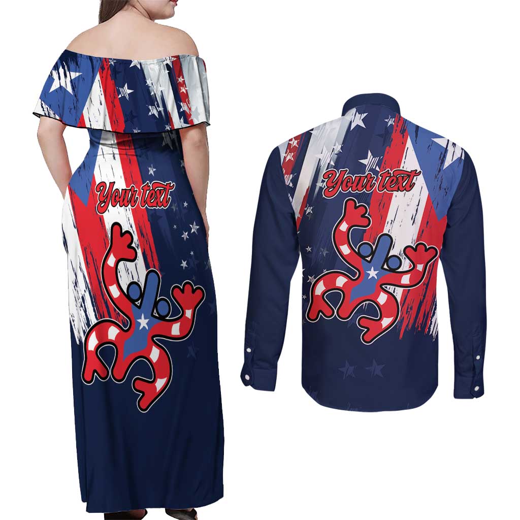 Personalized Puerto Rico American Couples Matching Off Shoulder Maxi Dress and Long Sleeve Button Shirt Boricua Taino Frog