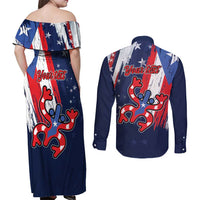 Personalized Puerto Rico American Couples Matching Off Shoulder Maxi Dress and Long Sleeve Button Shirt Boricua Taino Frog