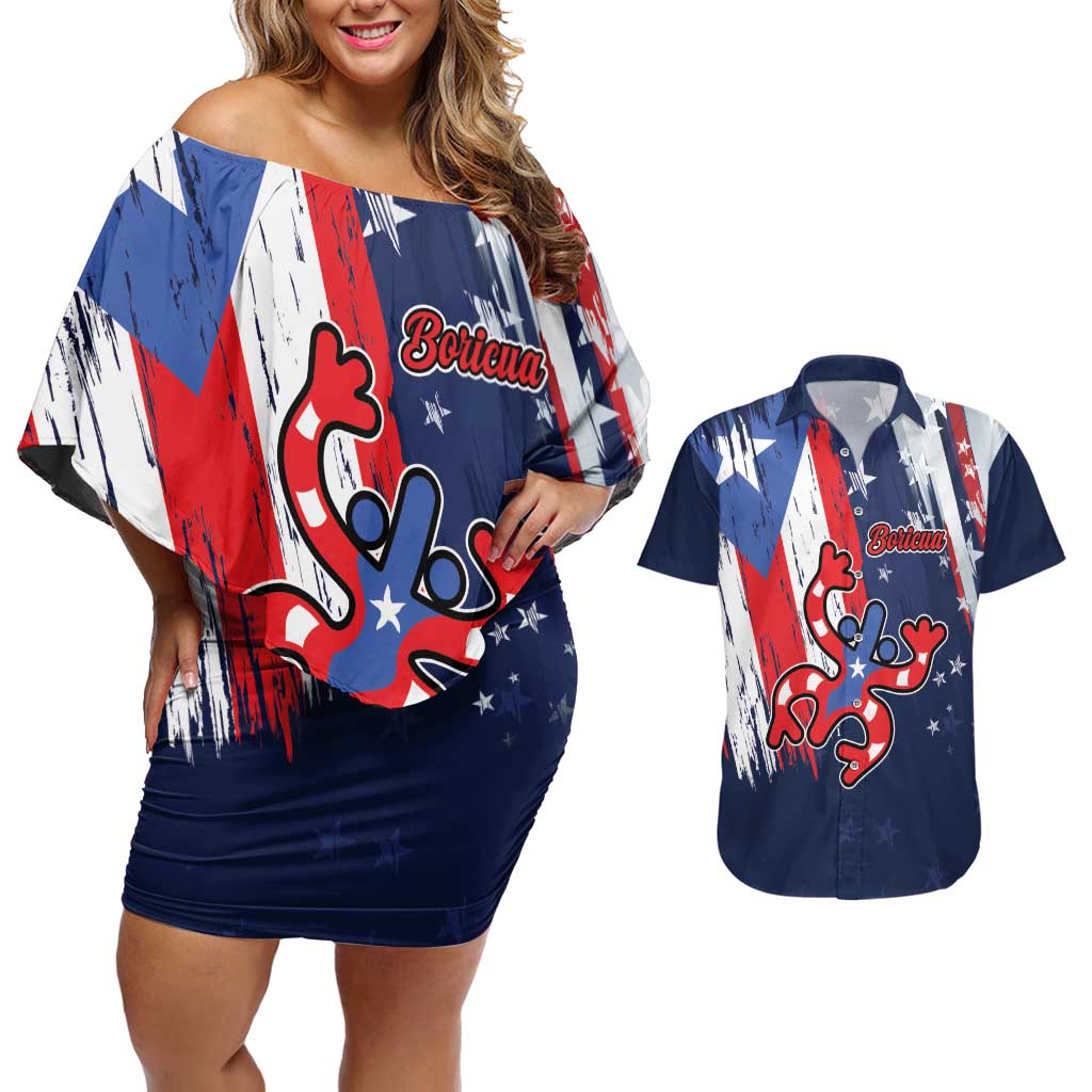 Personalized Puerto Rico American Couples Matching Off Shoulder Short Dress and Hawaiian Shirt Boricua Taino Frog