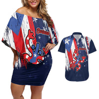 Personalized Puerto Rico American Couples Matching Off Shoulder Short Dress and Hawaiian Shirt Boricua Taino Frog
