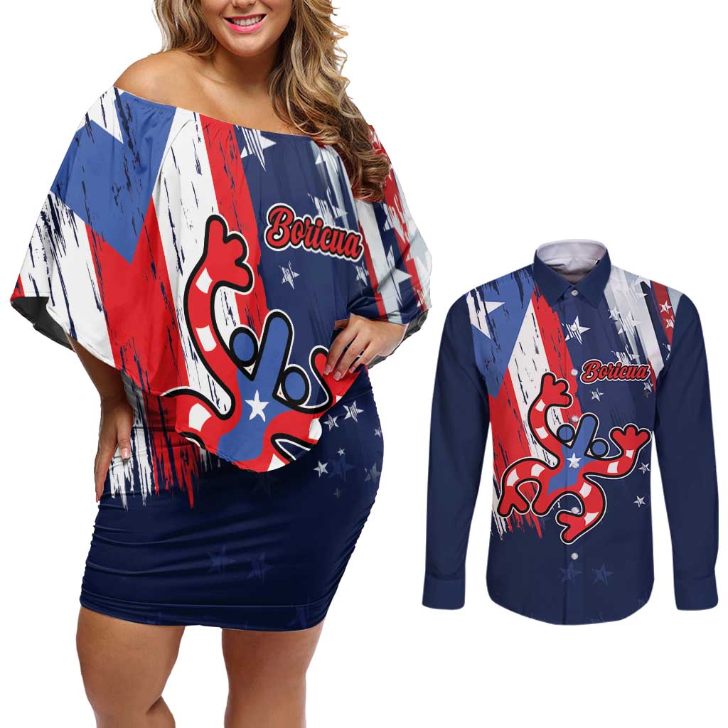 Personalized Puerto Rico American Couples Matching Off Shoulder Short Dress and Long Sleeve Button Shirt Boricua Taino Frog