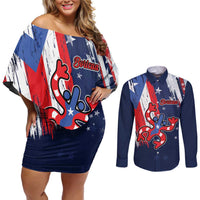 Personalized Puerto Rico American Couples Matching Off Shoulder Short Dress and Long Sleeve Button Shirt Boricua Taino Frog