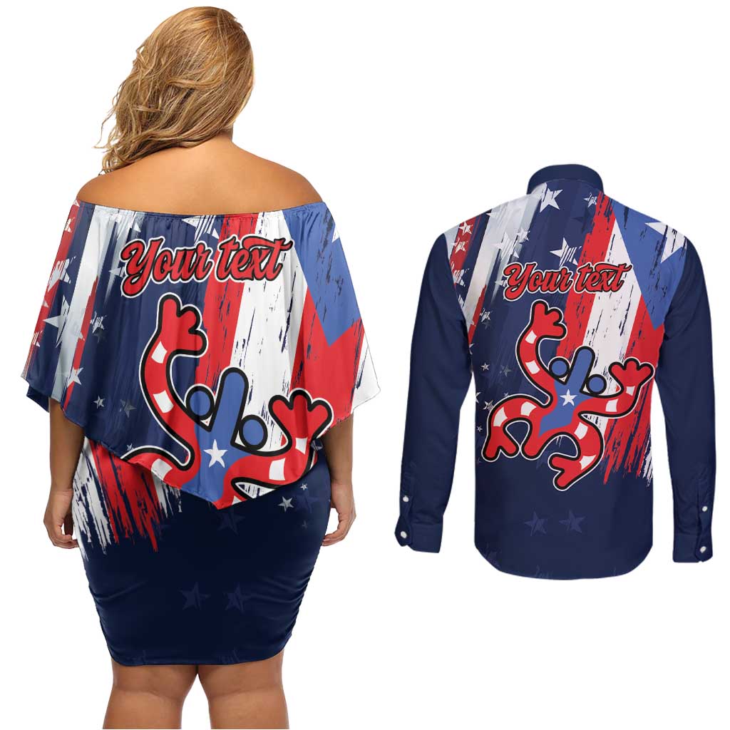 Personalized Puerto Rico American Couples Matching Off Shoulder Short Dress and Long Sleeve Button Shirt Boricua Taino Frog