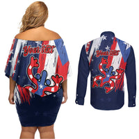 Personalized Puerto Rico American Couples Matching Off Shoulder Short Dress and Long Sleeve Button Shirt Boricua Taino Frog