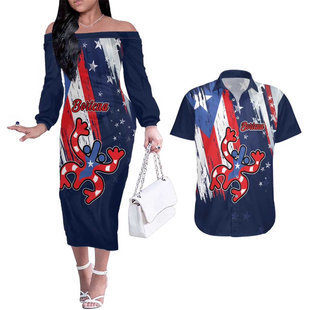 Personalized Puerto Rico American Couples Matching Off The Shoulder Long Sleeve Dress and Hawaiian Shirt Boricua Taino Frog
