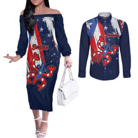 Personalized Puerto Rico American Couples Matching Off The Shoulder Long Sleeve Dress and Long Sleeve Button Shirt Boricua Taino Frog
