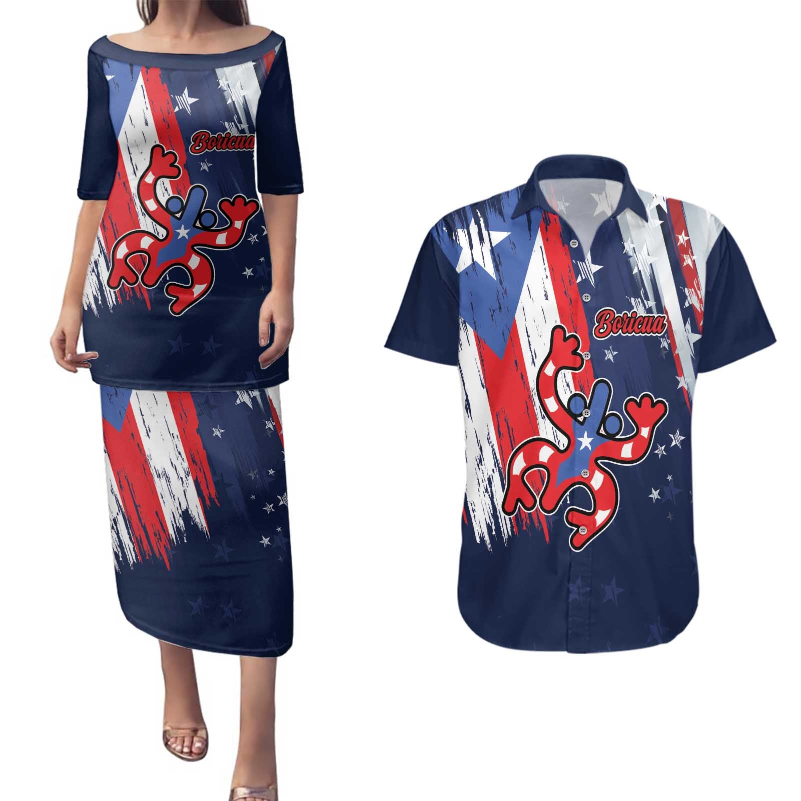 Personalized Puerto Rico American Couples Matching Puletasi and Hawaiian Shirt Boricua Taino Frog