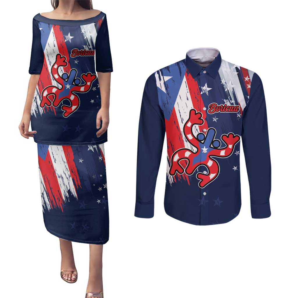 Personalized Puerto Rico American Couples Matching Puletasi and Long Sleeve Button Shirt Boricua Taino Frog